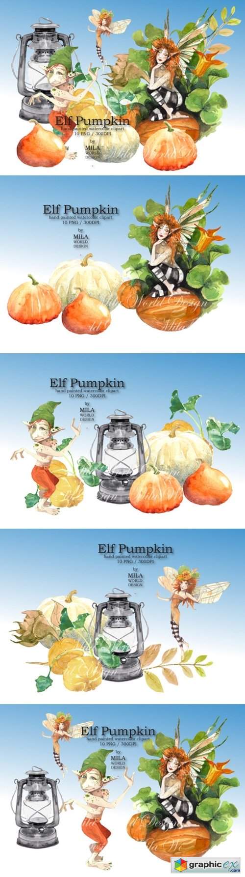 Elf Pumpkin Watercolor Clip Art