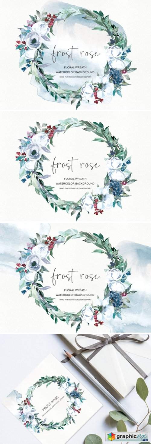 Watercolor White Rose Wreath Clipart
