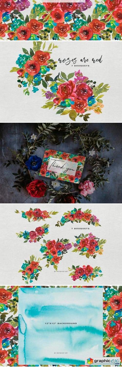 Watercolor Red Roses Bouquet Clipart