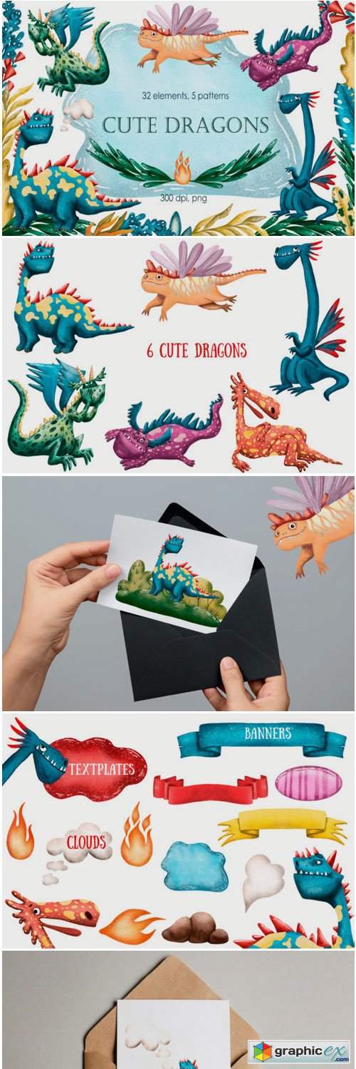 Cute Dragons Clip Art Set