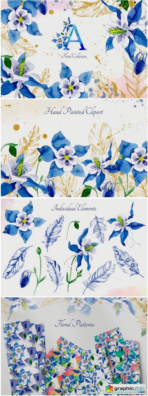 Watercolor Flower Aquilegia Blue Png