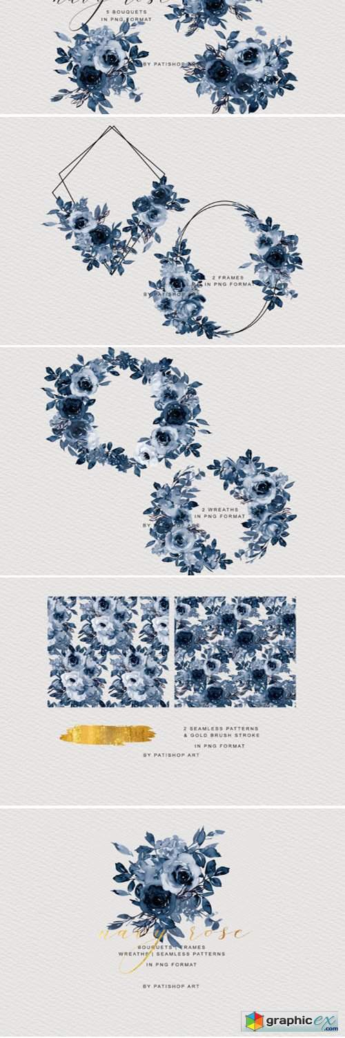 Navy Watercolor Rose Clipart Collection