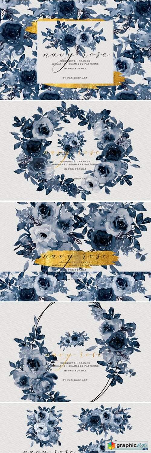 Navy Watercolor Rose Clipart Collection