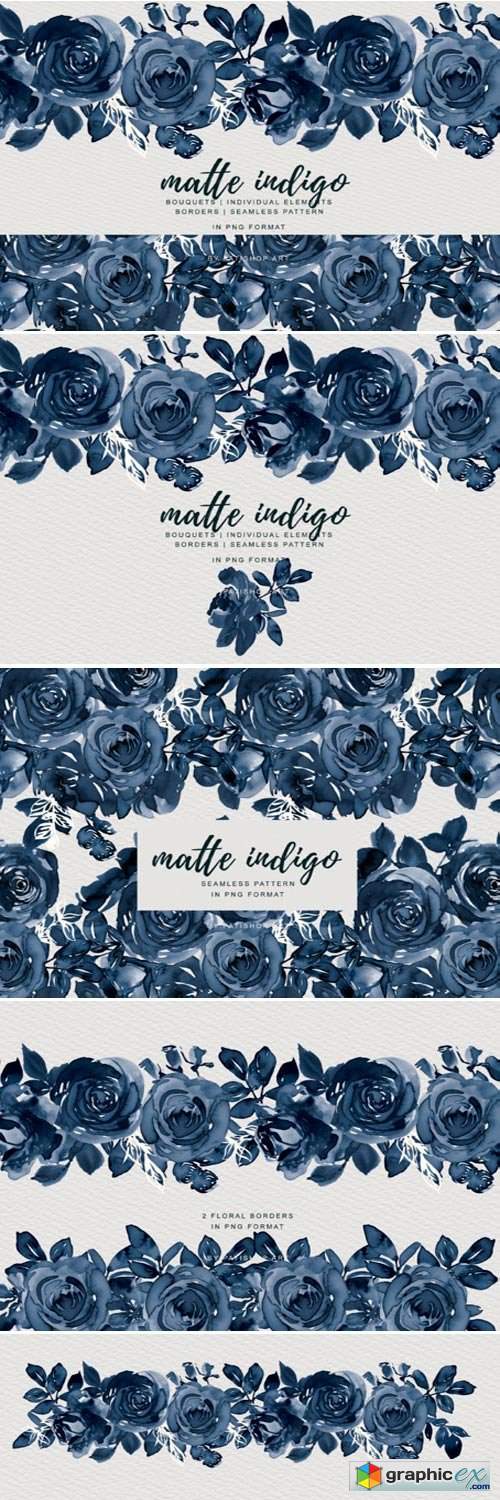 Matte Indigo Watercolor Rose Clipart