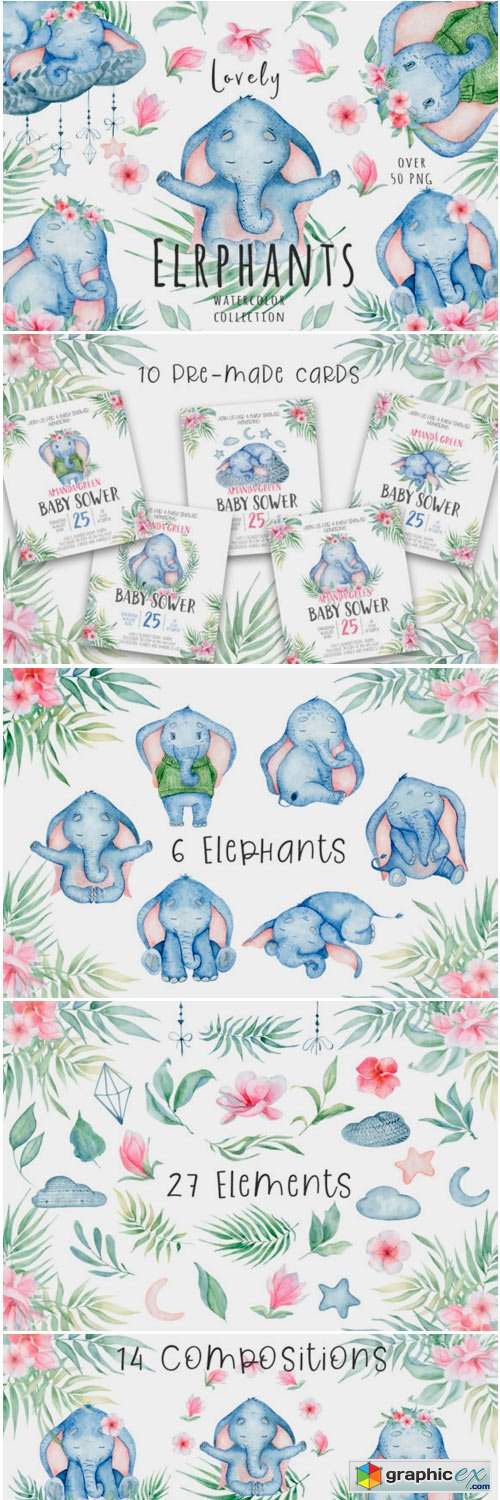 Lovely Elephants Watercolor Set Animals