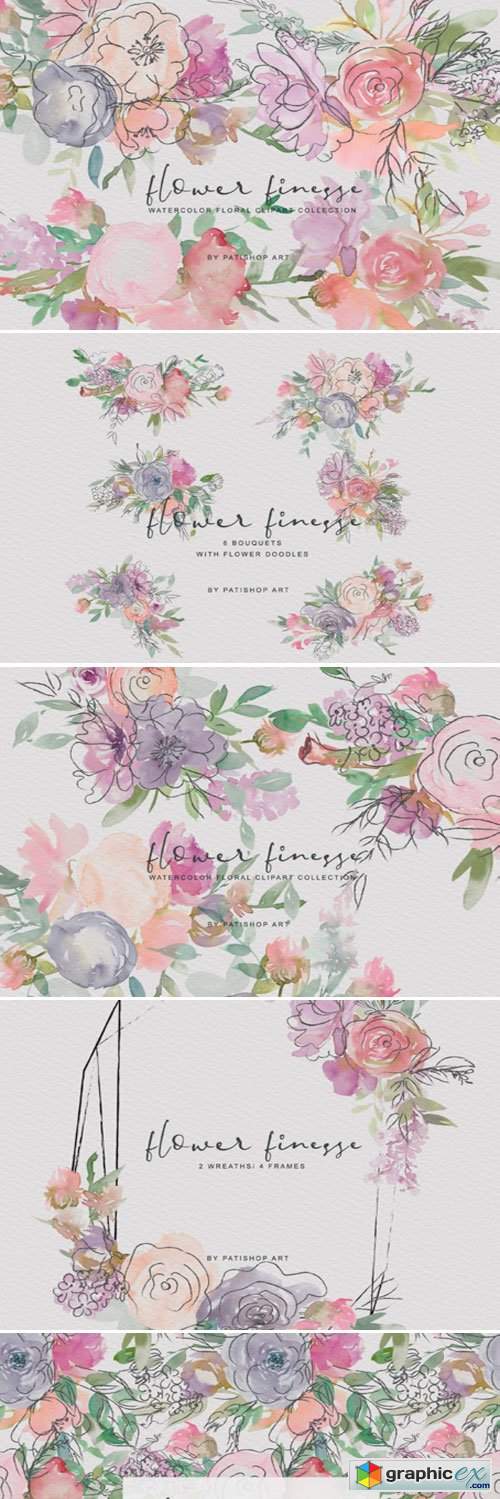 Watercolor Flower Doodles Clipart Set
