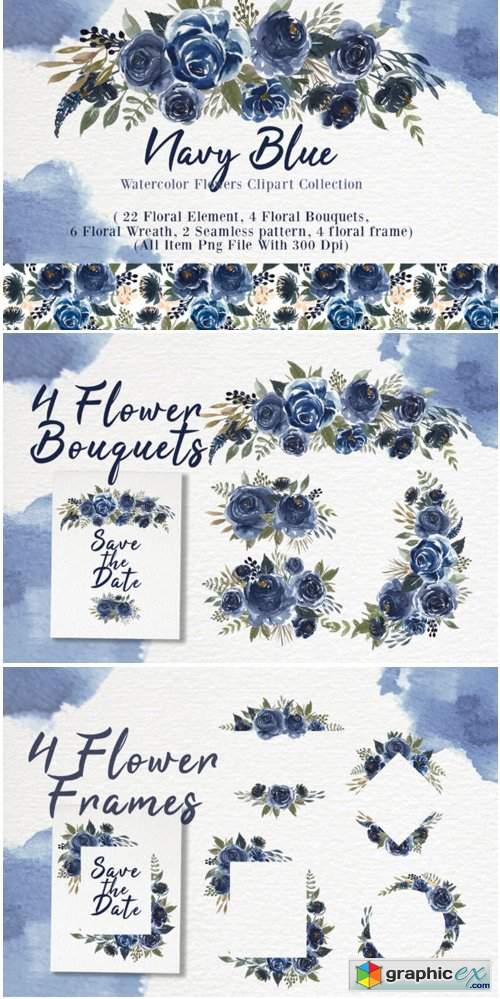 Navy Blue Flower Watercolor Clip-art