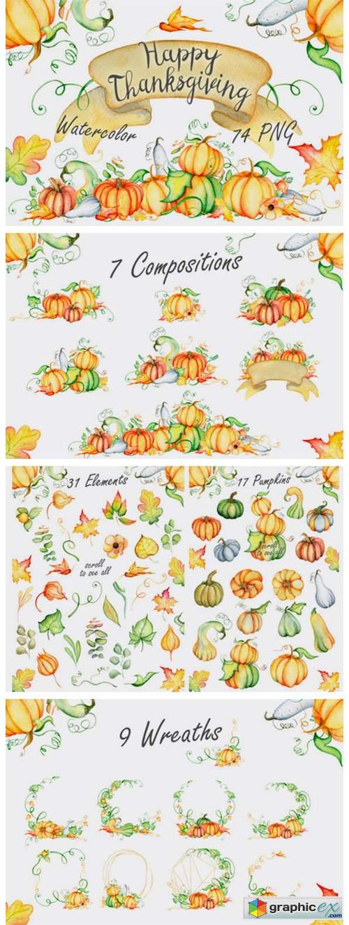 Happy Thanksgiving Pumpkins Watercolor