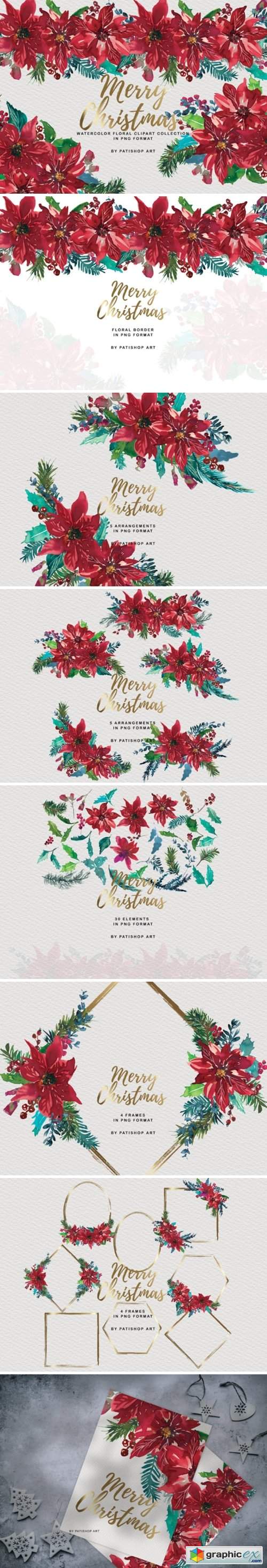 Watercolor Poinsettia Christmas Clipart