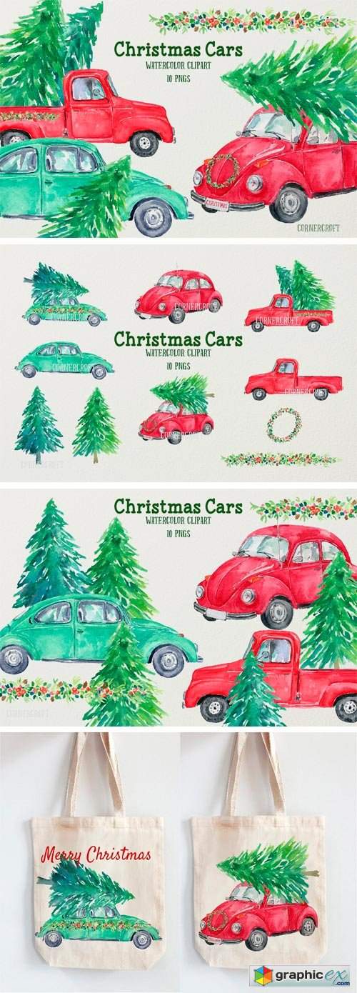 Watercolor Christmas Cars