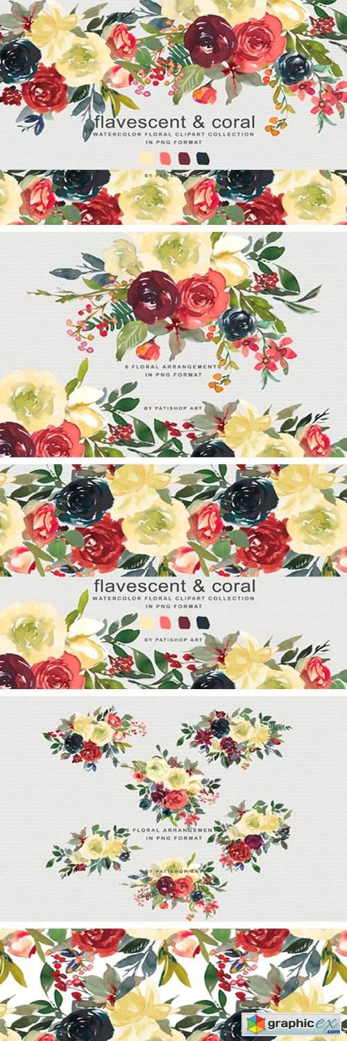 Flavescent Coral Watercolor Clipart Set