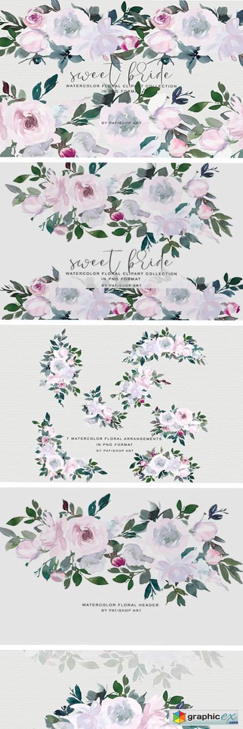 White Pink Watercolor Floral Clipart Set