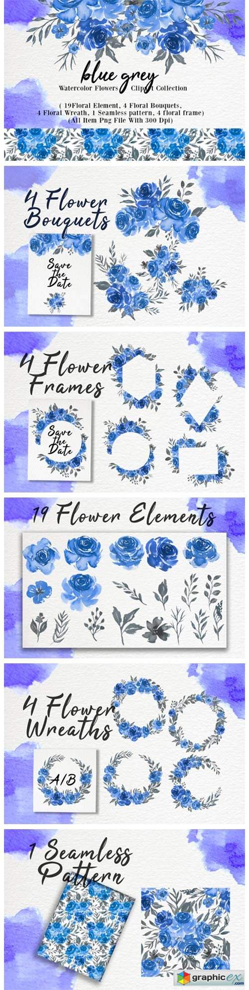 Blue Grey Watercolor Flower Clip-art