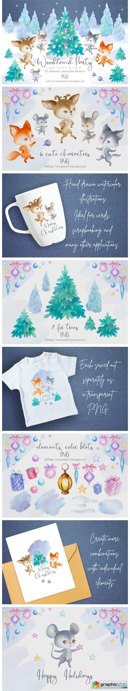 Woodland Party. Watercolor Christmas Set