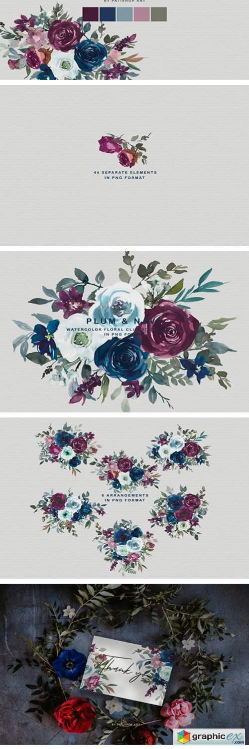 Plum & Navy Floral Clipart PNG Collectio