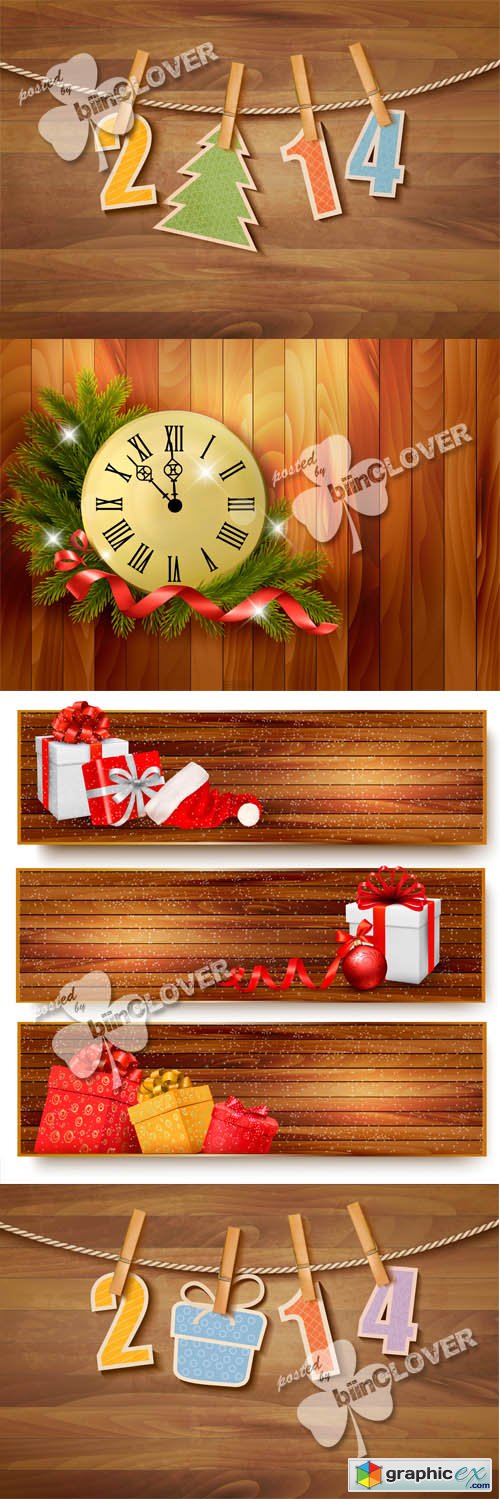 Vector Christmas cards on wooden texture 0517