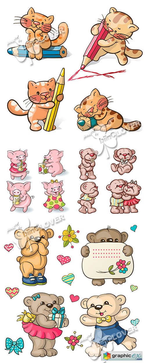 Vector Funny pigs, Teddy bears  and kittens illustrations 0470