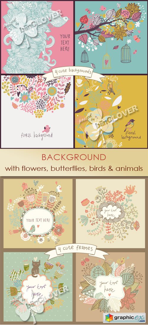 Vector Background with flowers, butterflies, birds and animals 0454