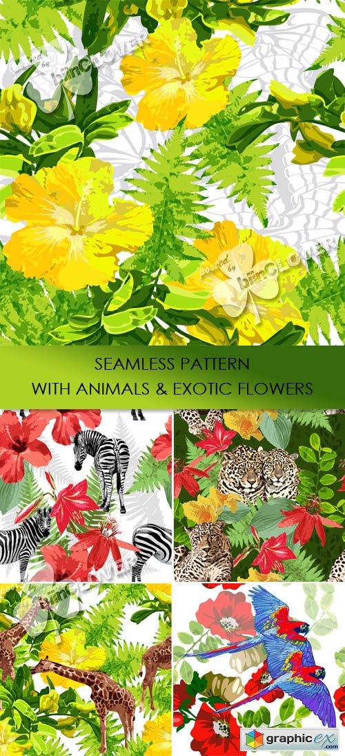 Vector Seamless pattern with animaks and exotic flowers 0440