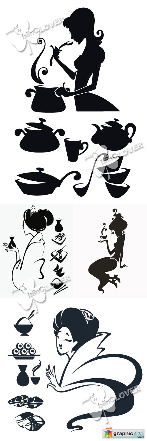 Vector Woman silhouettes and food symbols 0389
