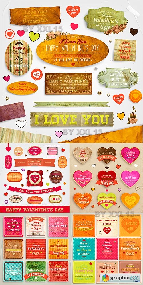 Vector Valentines Day vintage paper labels and cards