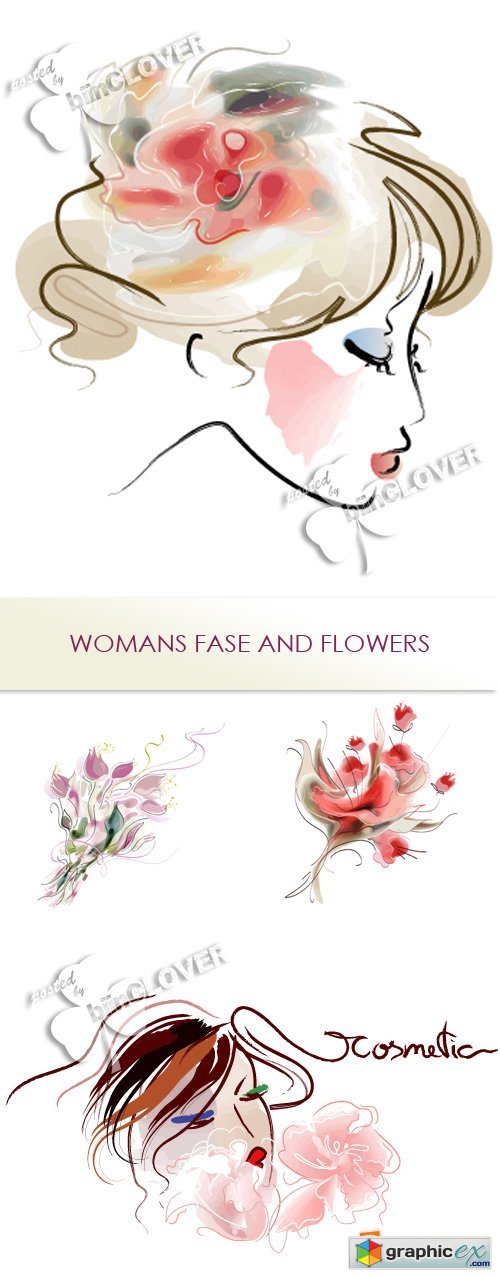 Vector Womans face and flowers 0372