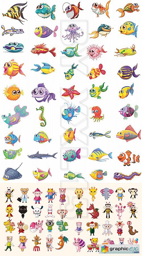 Vector Cartoon fishes and animals