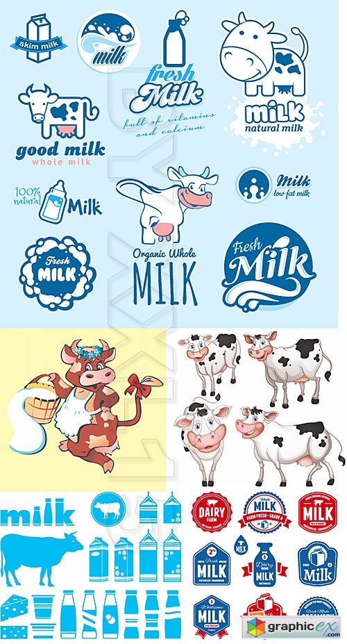 Vector Milk and cow labels