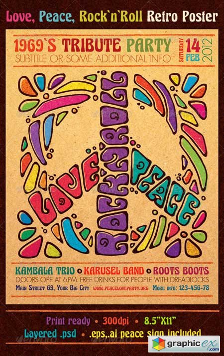 Love Peace Rock`n`Roll Retro Poster 1543478