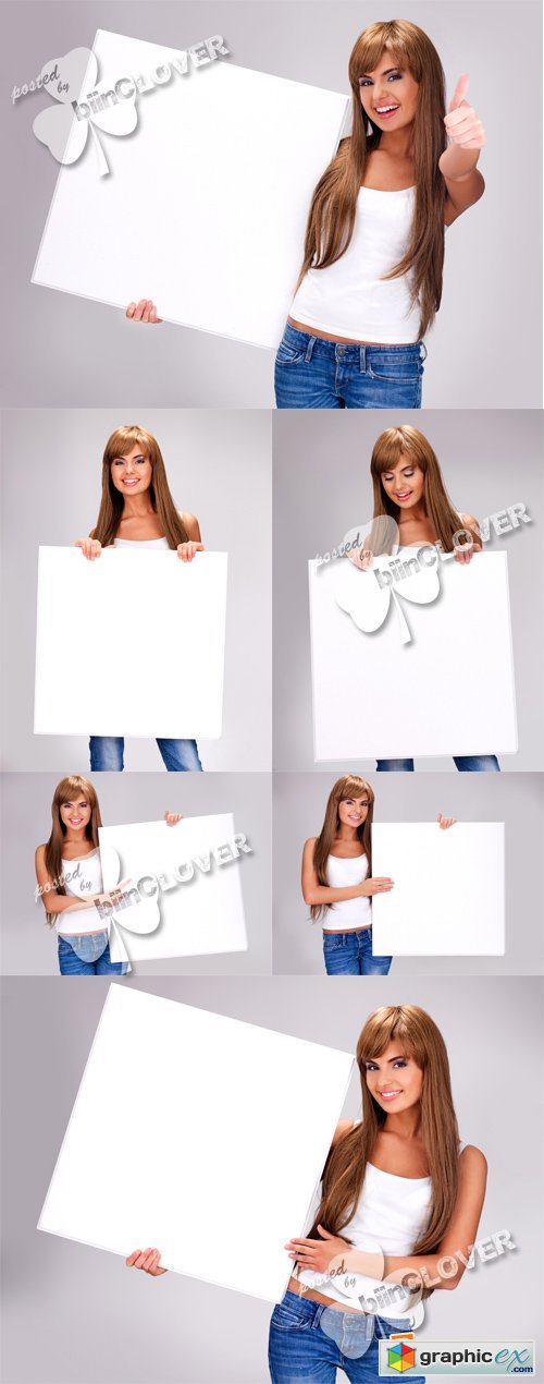 Smiling woman with white blank banners 0564