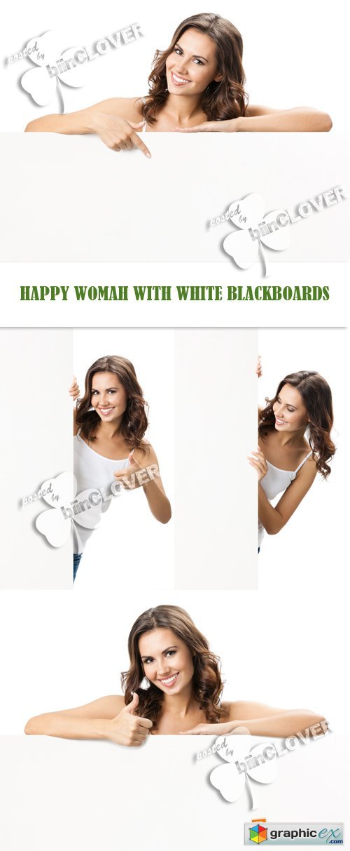 Happy woman with white blackboards 0562
