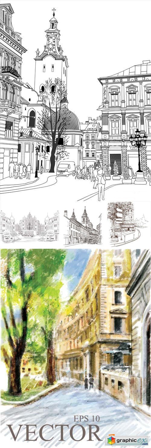 Streets of City - Sketch and Watercolor Style 25xEPS