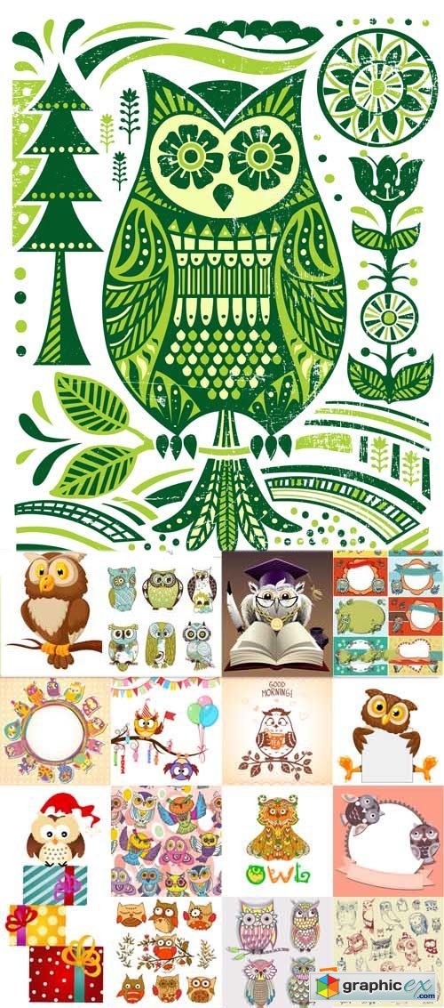 Cute cartoon owls set, 25xEPS