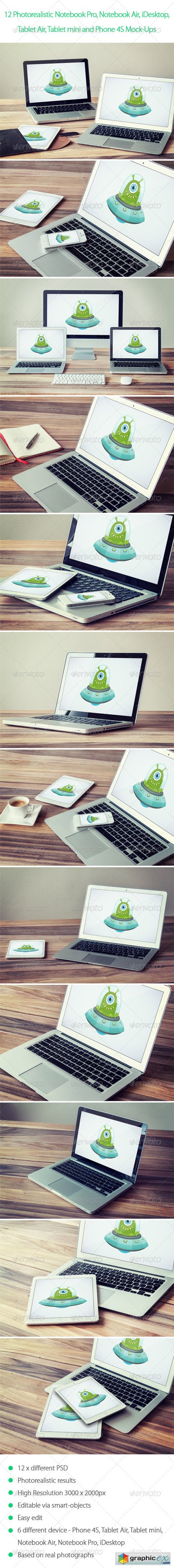 12 Photorealistic Notebook, Mobile Device Mock-Ups