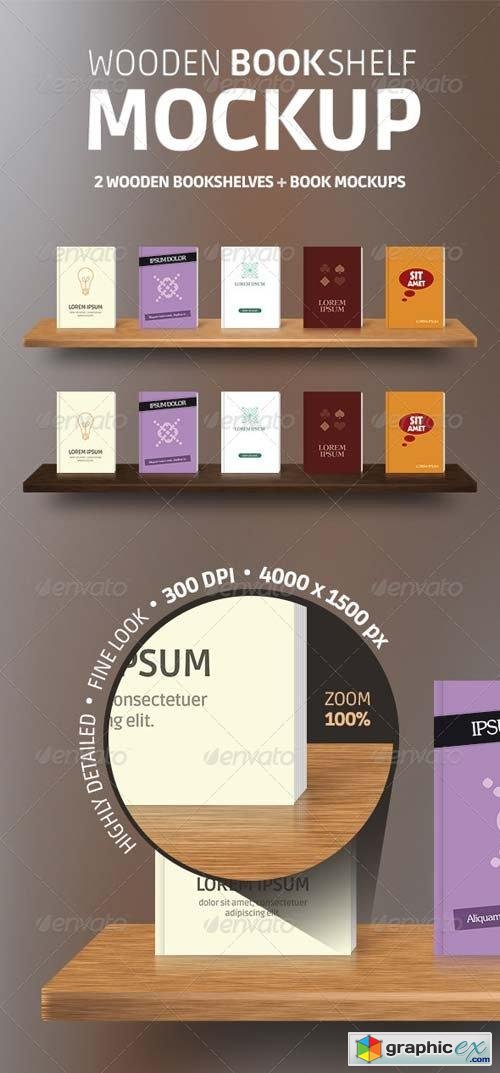 Wooden Bookshelves + Book Mockup PSD