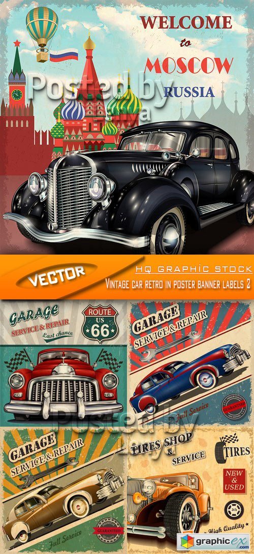 Stock Vector - Vintage car retro in poster banner labels 2