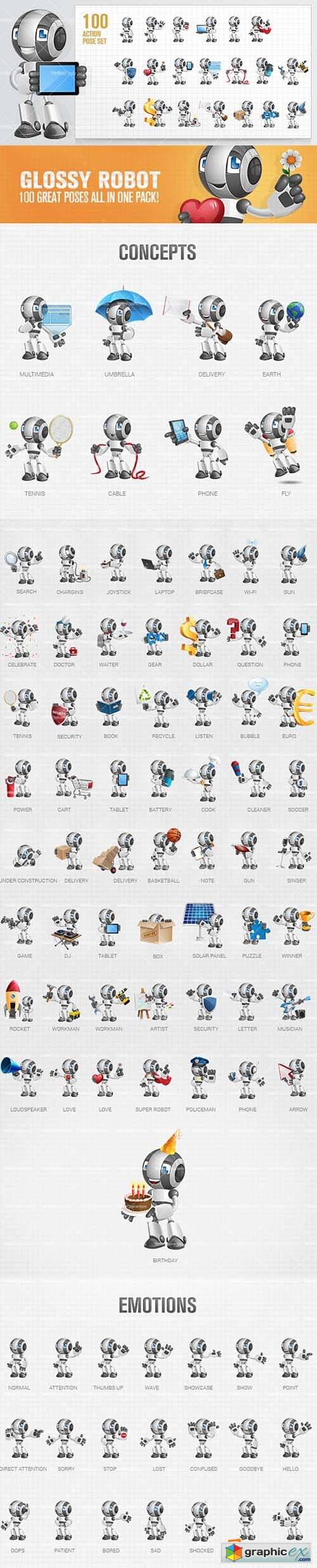 Glossy Robot Cartoon Character Set