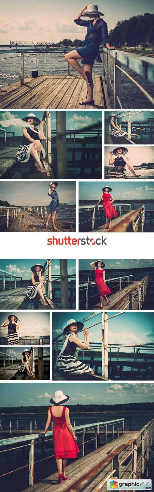 Fashionable Woman on Old Wooden Pier - 25xJPG