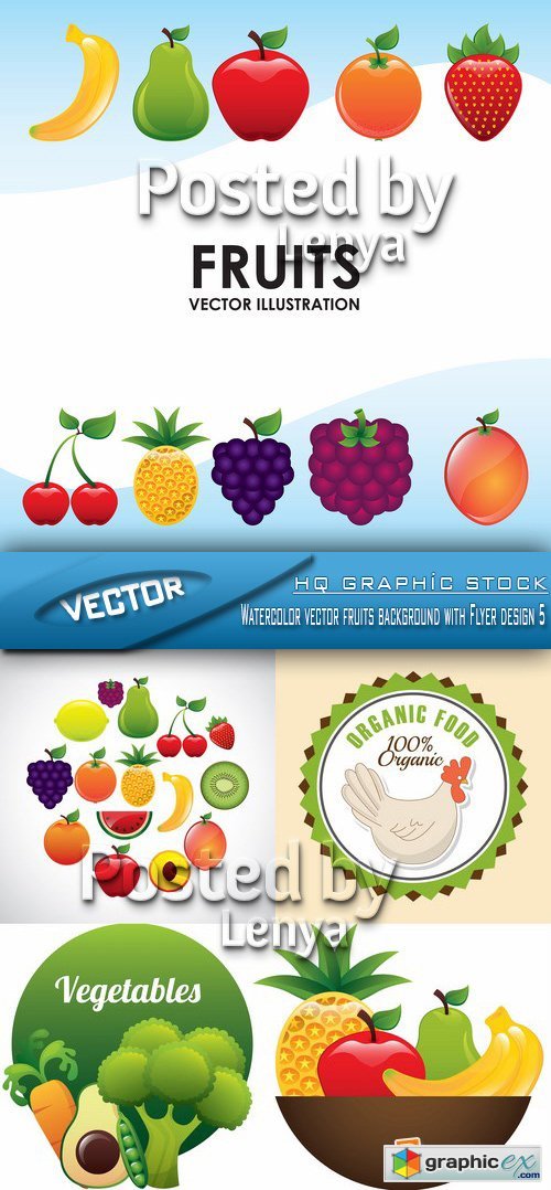 Stock Vector - Watercolor vector fruits background with Flyer design 5