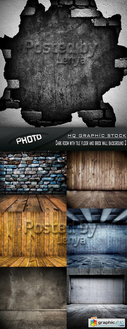 Stock Photo - Dark room with tile floor and brick wall background 2