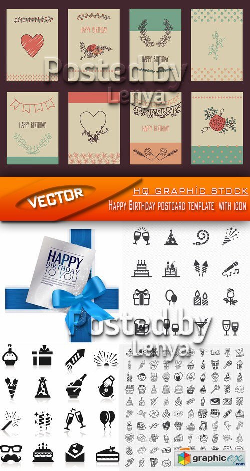 Stock Vector - Happy Birthday postcard template  with icon