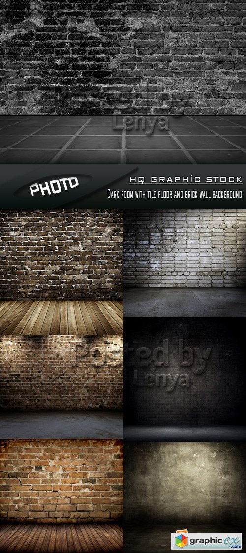 Stock Photo - Dark room with tile floor and brick wall background