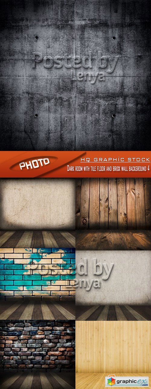 Stock Photo - Dark room with tile floor and brick wall background 4