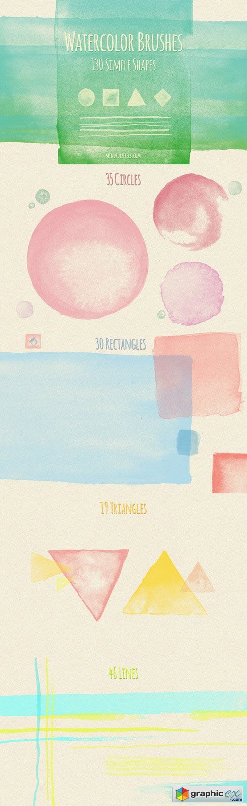 130 Simple Shapes Watercolor Brushes 4204