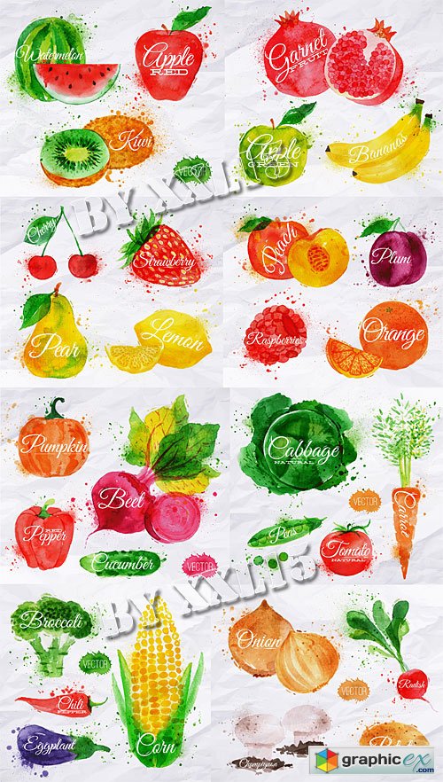 Fruits and vegetables watercolor illustrations