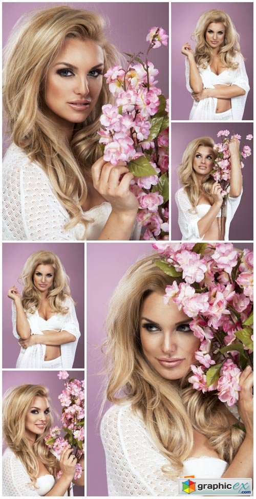 Beautiful blonde girl with flowers - female stock photos