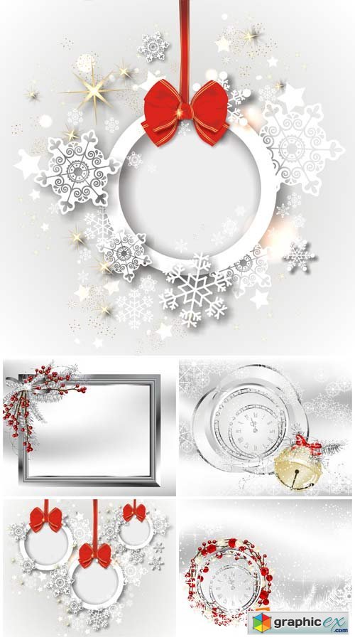 Christmas vector background with silver snowflakes and clock