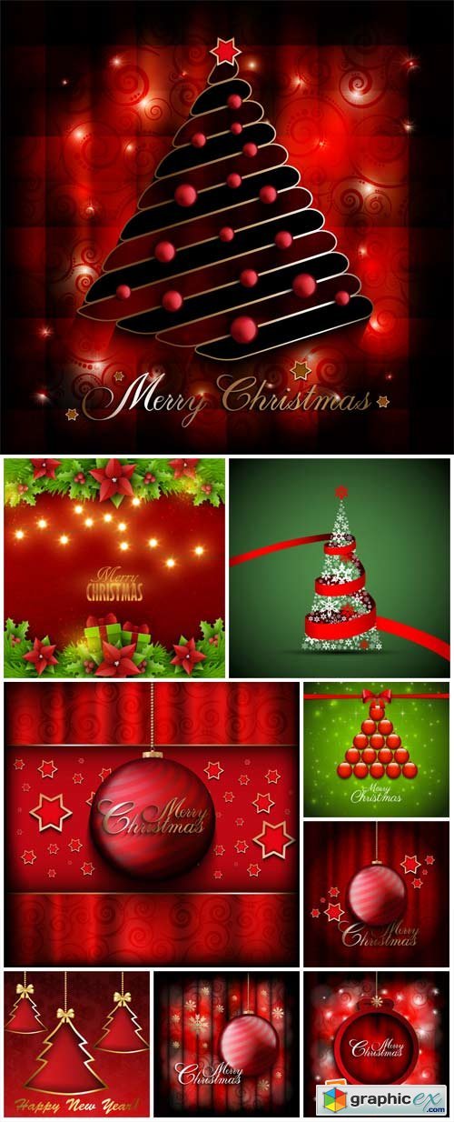 Christmas vector, red and green backgrounds with Christmas trees and Christmas decorations