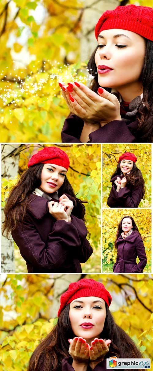Girl and wonderful autumn nature - Stock Photo