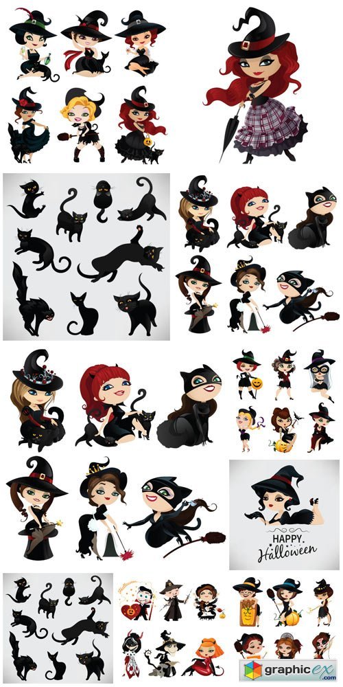 Halloween vector, little witches and black cats
